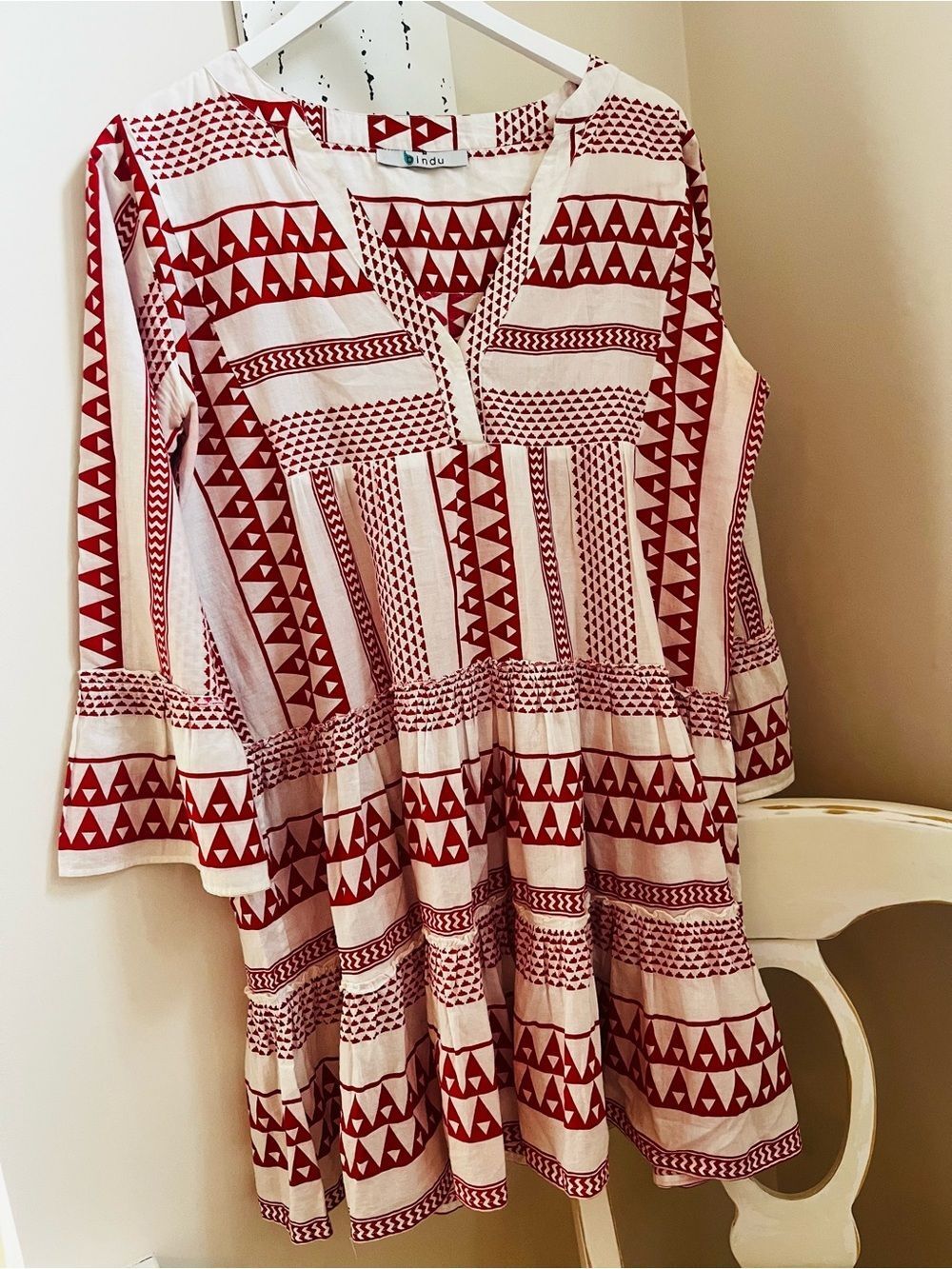 BINDU Red & White Printed V-Neck Boho Tunic Dress; Size Medium